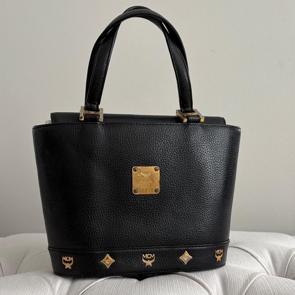 MCM Black Leather Top-Handle Satchel with Gold Hardware